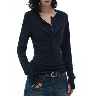 2025 Summer New Fake Two-piece Tencel Imitation Wool Base Shirt Slim-fit Long-sleeved T-shirt Simple Style Top Women's Clothing