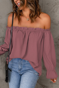 Amazon Cross-border Collar Chiffon Shirt Women's Spring and Autumn New European and American Solid Color Turtleneck Sexy Off-shoulder Top for Women