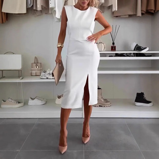 Add color in stock independent station 2025 summer Europe and the United States cross-border new round neck elegant split solid color slim dress women