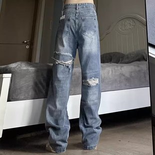Fun Towel Embroidered Ripped Jeans Men's and Women's American Style Retro High Street Hip Hop Design Sense Loose Straight Pants