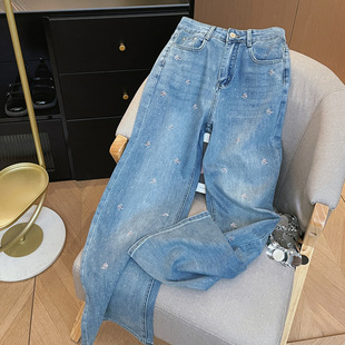Real Shot Korean Style Hot Rhinestone Temperament Embroidery Contrast Color Floret High Waist Straight Narrow Version Slimming Wide Leg Denim Trousers for Children