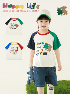 Wulibuyi Boys 2025 Summer New Cartoon Contrast Color Round Neck T-Shirt Loose Casual Cool Children's Top