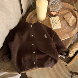 Autumn 2024 New Children's Western-style Sweater Boys and Girls Solid Color Embroidered Knitted Cardigan Baby's Short Wool Jacket