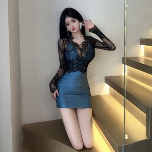 Lace Small V-neck Slim Fit Hip Stitching Spice Girl Long Sleeve Perspective Slim Elegant OL Sexy dress Women