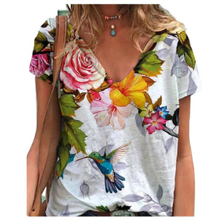2043wish European and American women's new abstract figure positioning printed V-neck pullover short sleeve T-shirt women's top free shipping
