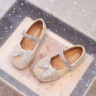 Girls Crystal Small Leather Shoes 2025 Summer Little Girl Cute Bow Star Sequin Princess Shoes Performance Shoes