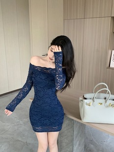 Sexy Spice Girl off-shoulder Lace dress Autumn New Niche Design High-end Tight Slim Hip Dress