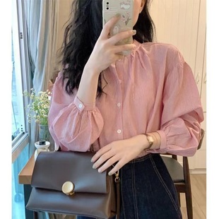 Spring French High-end Sense Fresh Sweet Shirt New Design Sense Niche Lantern Sleeve Korean Striped Shirt