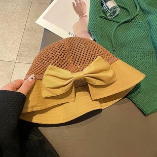 Spring and Summer New All-match Fisherman Hat Knitted Hollow Color Matching Bow Sun Hat Sun Hat Sunscreen Straw Hat Women's Trendy
