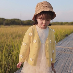 2023 Spring and Autumn Girls' Baby Flower Sweater Cardigan Children's Sweater Western Style Children's Wear Spring Coat