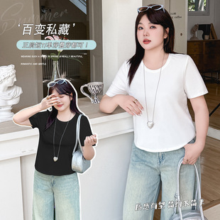 W1299 Summer New plus size Shoulder Top Slim-fit Short-sleeved Round Neck T-shirt Pullover Simple Base Inner Solid Color