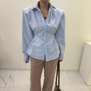 Korean Style Chic Early Spring Simple Solid Color Design Sense Side Seam Waist Slimming Single-breasted Long-sleeved Shirt with Shoulder Pad