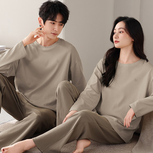 2024 New Couple Pajamas Spring and Autumn Pure Cotton Round Neck Solid Color Long Sleeve Outwear Men's and Women's Home Clothes suit
