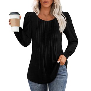 2024 Amazon Autumn New Cross-border Women's Long Sleeve Shirt Top Fashion Casual Pleated Low Crewneck T-shirt