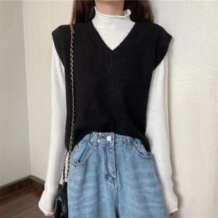 Japanese Style Laid-back Style Stacked Vest Vest Women's Spring and Autumn New V-neck Simple Solid Color Knitted Vest Women's Trendy