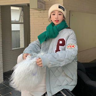 American retro diamond plaid baseball cotton-padded jacket women's winter Korean style loose college style letter embroidery thickened coat fashion