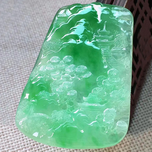 With the United States jade pendant random a piece of jade Burmese Old Pit Ice glutinous species Piaoyang green landscape artistic conception brand jade hanging