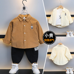 Children's clothing Boys' long-sleeved shirt 2024 New cartoon bear embroidered children's corduroy thin coat fashionable