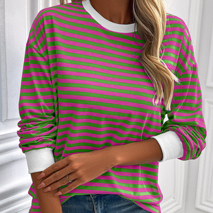 2024 Cross-border Amazon European and American Navy Striped T-shirt Loose Long Sleeve Sweatshirt Striped Crewneck T-shirt Top