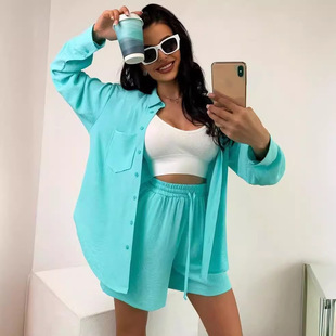 2024 Amazon Cross-border European and American Women's Solid Color Single-breasted Long-sleeved Shirt Loose Fashion Casual Shorts Set
