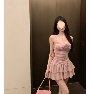 Sweet Spice Girl Pleated Flower Sling dress Women's Summer 2024 New Pink Skirt High-grade Tight Waist Skirt