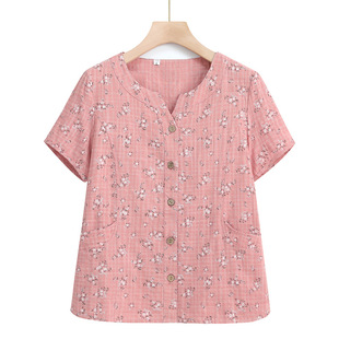 Grandma summer cotton shirt for middle-aged and elderly women Summer short sleeve floral suit small mother cotton top