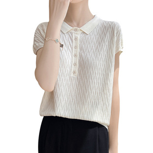Women's Loose Thin All-Match Short-Sleeved Summer Lapel Diamond Plaid Top New Style Mulberry Silk High-Grade Knitted Shirt for Women