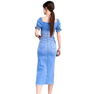 Foreign Trade Denim 2023 Summer New Sexy Puff Sleeve Denim Top + Split Hip Skirt Two-Piece Set for Women