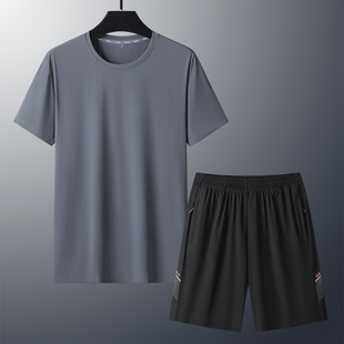 Summer Ice Silk Casual Sports suit Men's Fashion Short-sleeved T-shirt Shorts Men's Quick-drying Ice plus size Men's Summer Wear