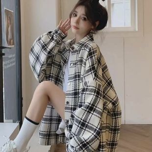 Plaid Shirt Coat Women's oversize Spring and Autumn New Thickened Loose Casual Lazy Style Mid-length Shirt for Women