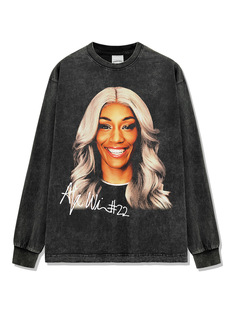 Cross-border American Retro Wilson A'ja Printed Short-sleeved T-shirt Washed Long-sleeved Round Neck Loose Hooded Sweat for Men
