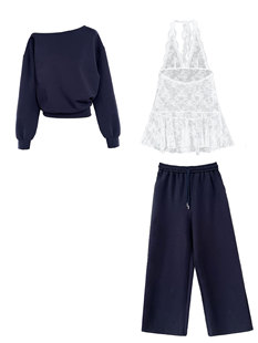 Luxi Korean Style Relaxed Oblique Neck suit Women's Spring New Casual Shoulder Top Pants Three-Piece Set 2872