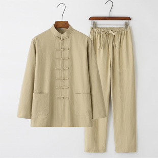 Tang Suit Men's Long-sleeved suit Chinese Style Retro Shirt Chinese-style Buckle Tea Suit Taiji Casual Two-piece Suit