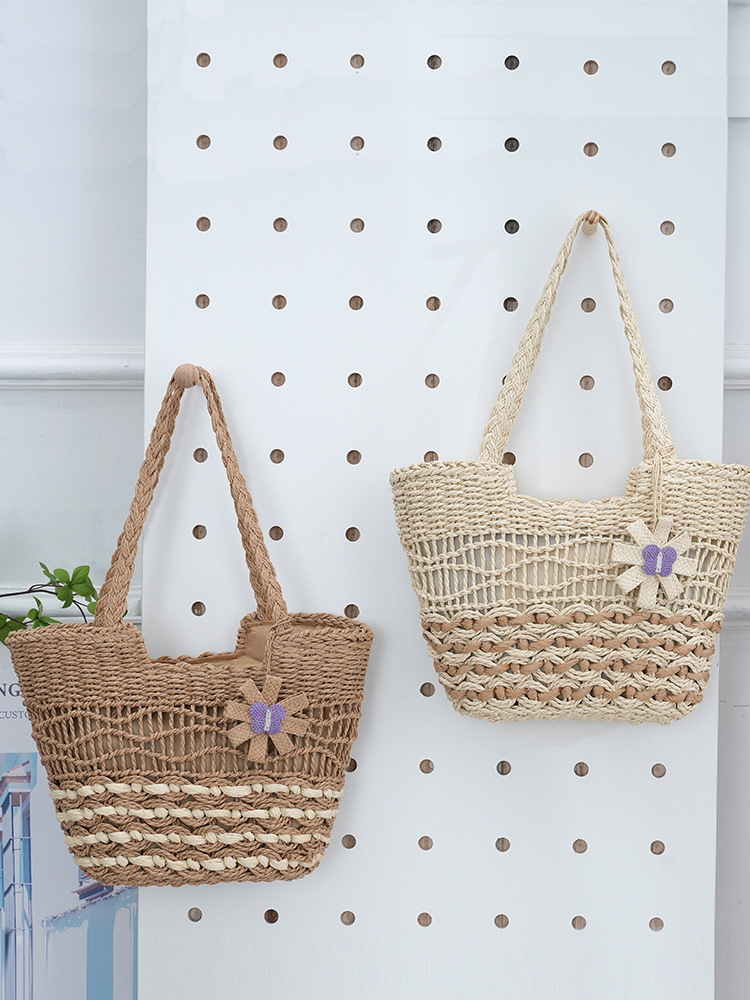 Versatile Tote Bag with Woven Bag, Hollow Wave Pattern, Summer Beach Women's Bag, Woven Straw Shoulder Bag