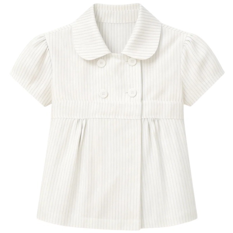 Doll Collar White Striped Short-Sleeve Shirt for Women, New Summer Style, Artistic Retro, Petite Double-Breasted Blouse Top