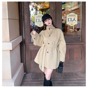 Korean-style Chic Autumn and Winter Mid-length Woolen Coat 2024 New Style Petite Cloak Loose Stand Collar Woolen Coat
