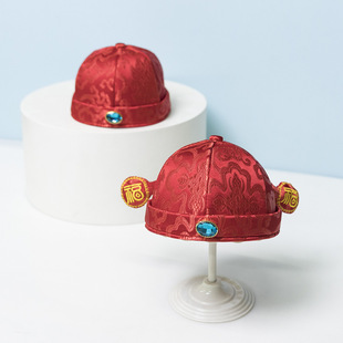 Chinese Style Tang Suit Happy New Year Hat Spring and Autumn 2024 New Style Boys' and Boys' One Hundred Days Photo Portrait Home Hat One-year-old Hat