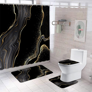 Black Marble Shower Curtain & Carpet Shower Curtain Set Deluxe Gold Textile Art Hanging Curtain Toilet Seat Cover Bathroom Set