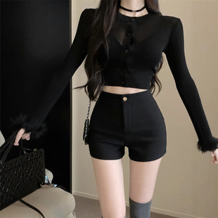 Black Shorts Sexy Hot Girl Hip Wrap Pants Hot Pants Casual Pants Women's Autumn High Waist Stretch Tight Pants