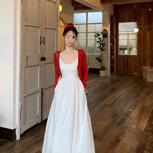 Sling Long Dress French White dress Summer Elegant Skirt Waisted Skirt Red Button Cardigan Top suit
