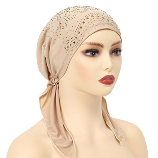 New Cotton Diamond-studded Elastic Double Tail Bottoming Cap Solid Color Ladies Hat