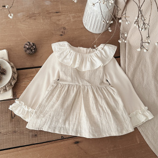 INS Spring and Autumn Infant Lotus Collar Thin Pit Long Sleeve Top with Big Bow Sling Blouse