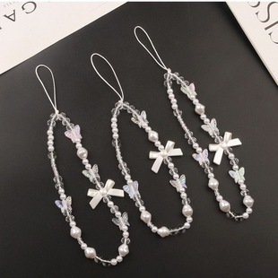 diy Mobile Phone Lanyard Short Female Creative Bow White Pearl Chain Mobile Phone Case Hanging Chain Accessories Bag Decoration