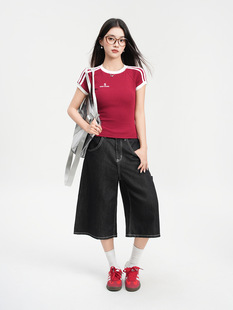 Ji You wine red Spice Girls Three Bar Contrast Color bmT Shirt Women's Embroidered Slim-fit Short-sleeved Summer Short Raglan Sleeve Top