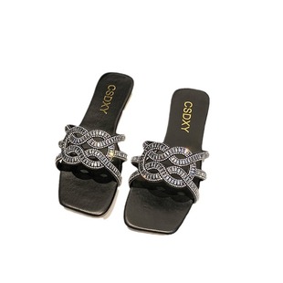 Корейские стразы плоские тапочки женский Flat Slippers квадратный педаль домашние тапочки