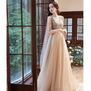 Evening Dress New 2025 Fringe Shawl Champagne Starlight dress Women's Banquet Elegant Host Dress Spring