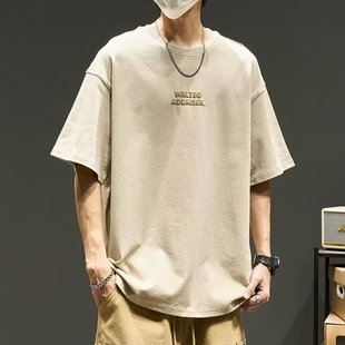 Short-sleeved Boys Simple Japanese Style All-match Crewneck T-shirt Summer Half-sleeved American Heavy Cotton T-shirt for Students