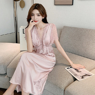 Live explosions ice and snow ribbon chest pad sexy lace loose nightgown women's short sleeve summer pajamas women's home clothes wholesale