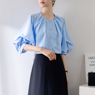 2024 Spring and Autumn New White Shirt Women's Design Sense Niche Puff Sleeve Top Loose Round Neck Sweet French Lining