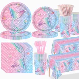 Pink Fish Scale Mermaid Theme Disposable Tablecloth Paper Dinner Plate Birthday Party Decoration Props Supplies
